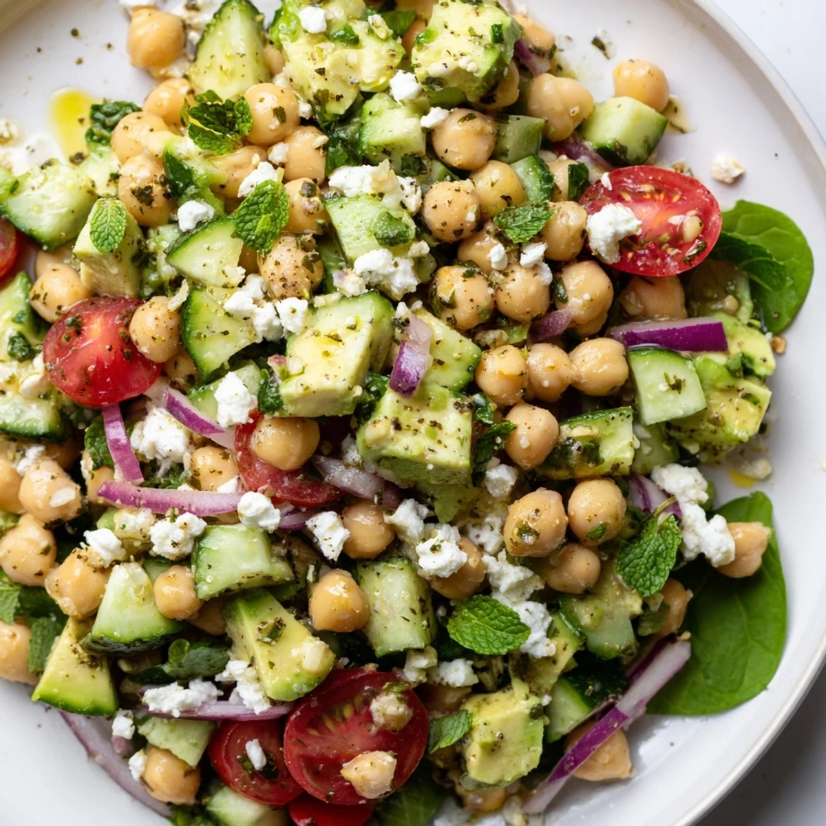 Hearty Chickpea Feta Avocado Salad served on mixed greens with ripe avocado chunks