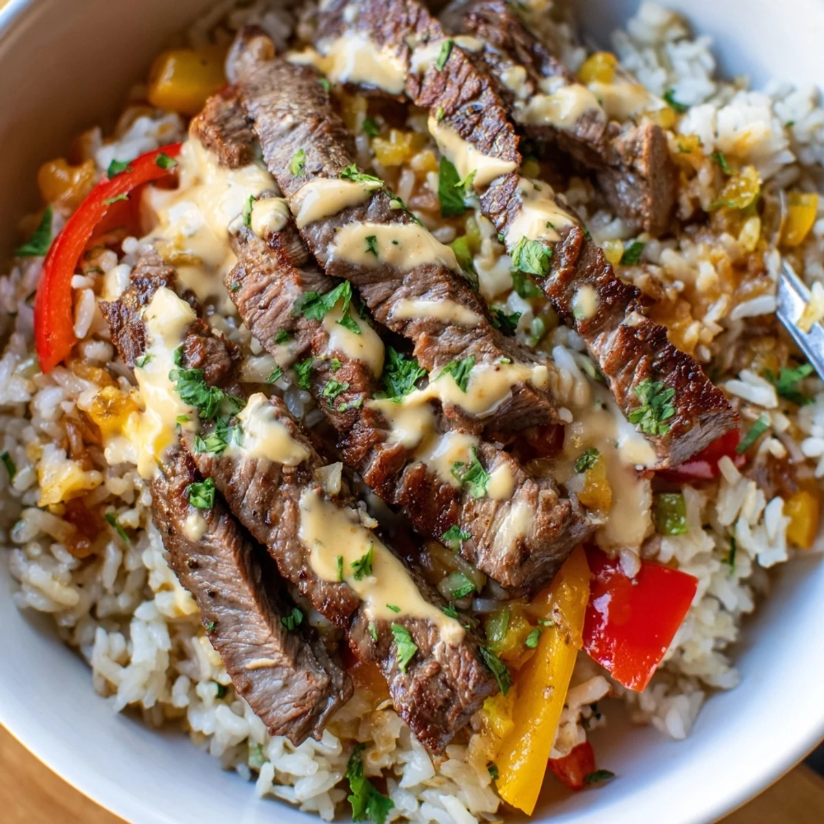 Sizzling steak queso rice drizzled with warm queso over seasoned fluffy white rice