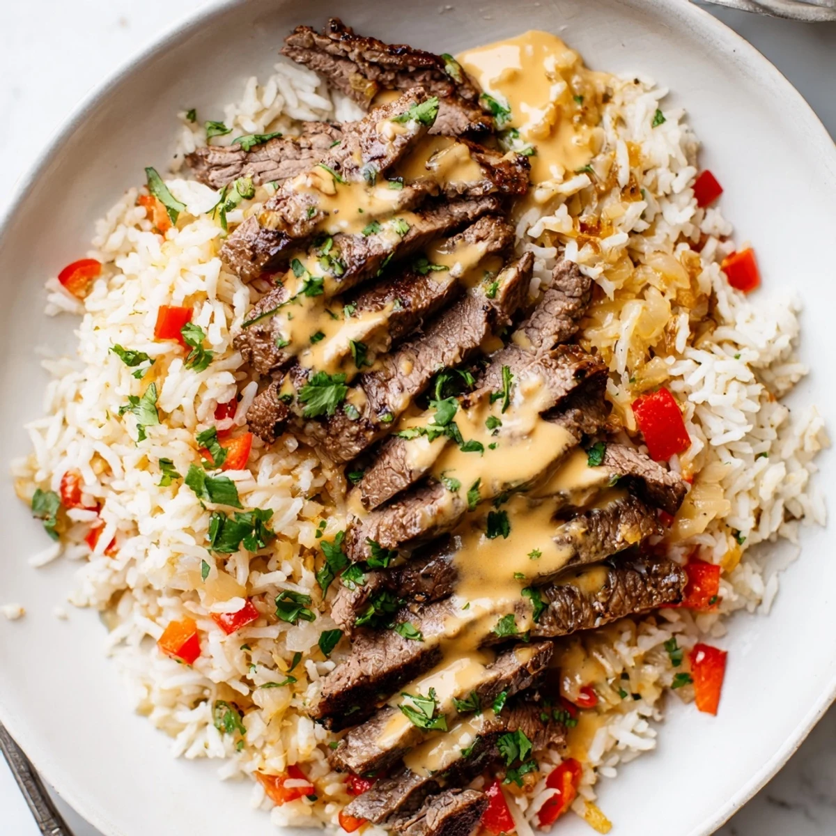 Creamy steak queso rice topped with melted cheese and fresh cilantro in a skillet