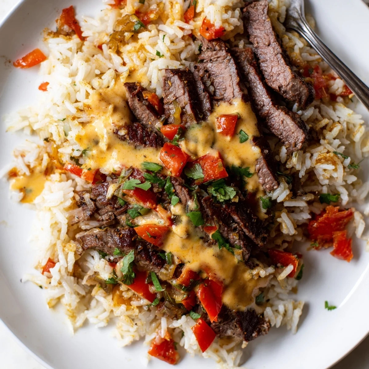 Hearty steak queso rice with tender seared beef peppers and golden cheese sauce