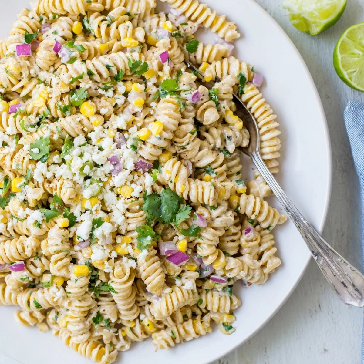 Creamy elote pasta salad topped with crumbled cotija cheese and fresh cilantro leaves