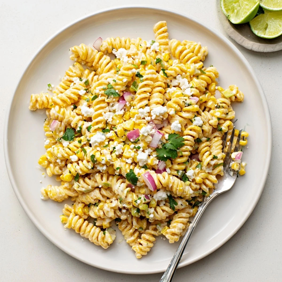 Vibrant elote pasta salad featuring golden corn kernels in a zesty lime dressing