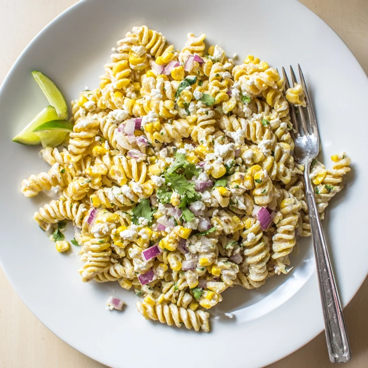 Chilled elote pasta salad served in a bowl with lime wedges and smoked paprika garnish