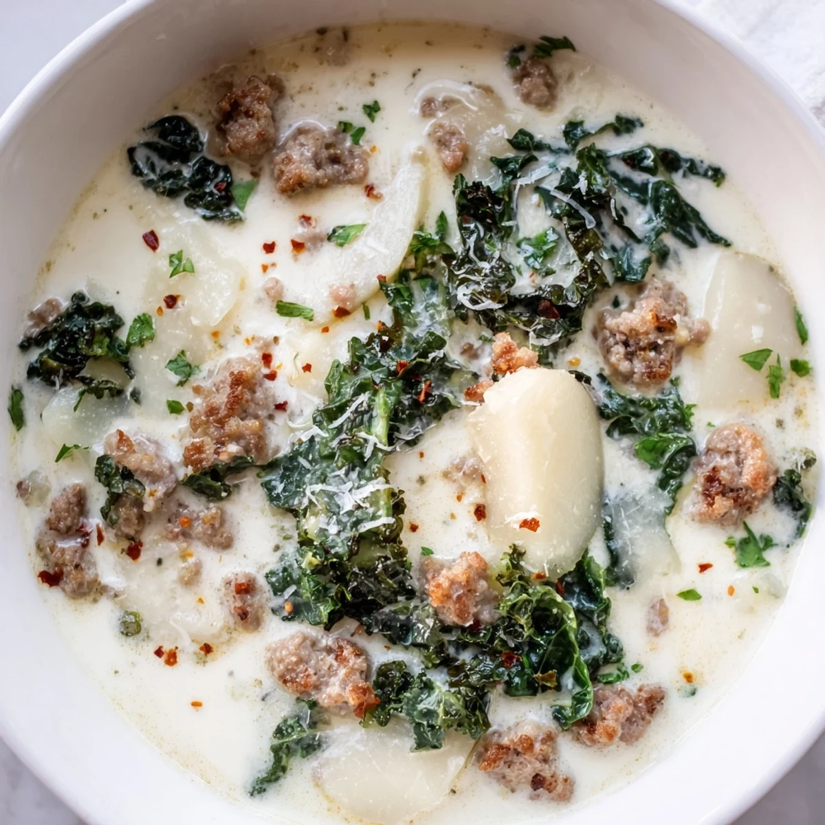 Creamy Zuppa Toscana soup loaded with sausage, potatoes, and tender kale