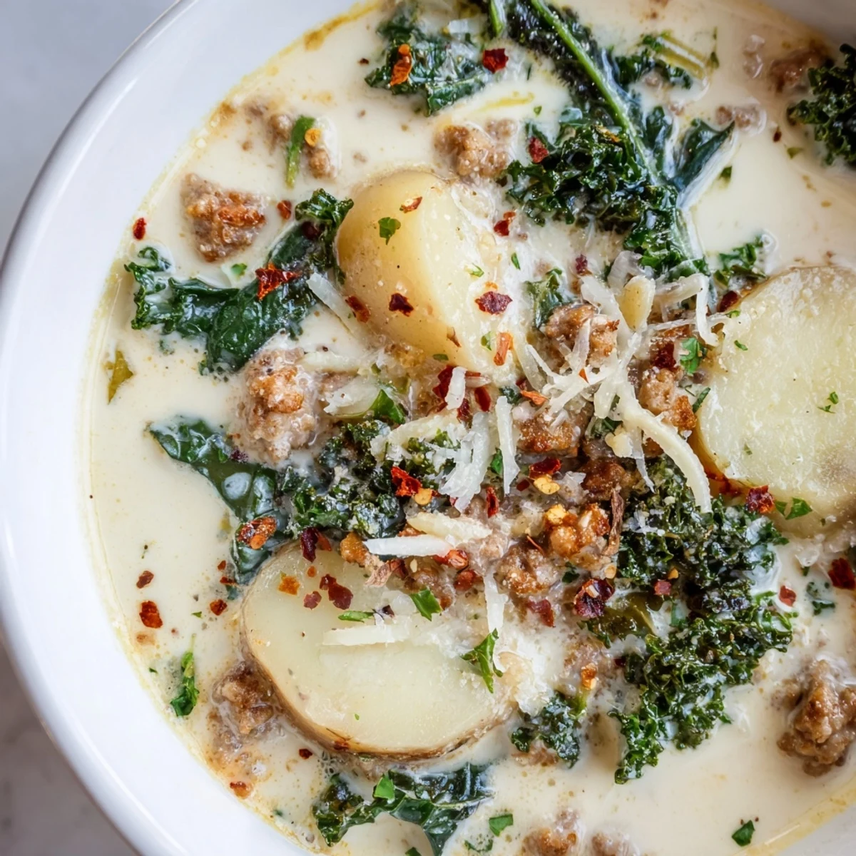 Hearty bowl of Zuppa Toscana soup topped with grated Parmesan and parsley