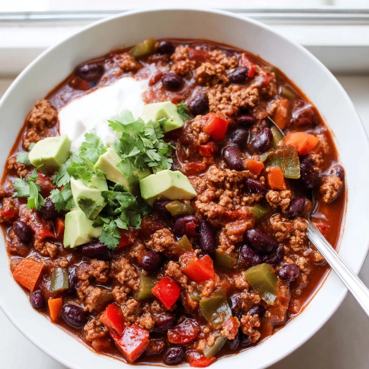 A steaming bowl of diabetic chili recipe topped with fresh avocado and cilantro