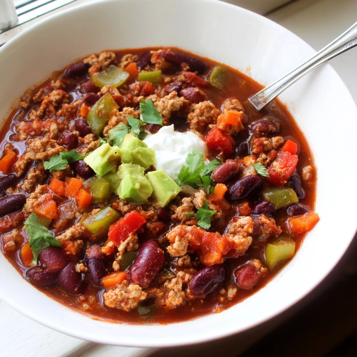 Hearty diabetic chili recipe loaded with lean turkey beans and colorful bell peppers