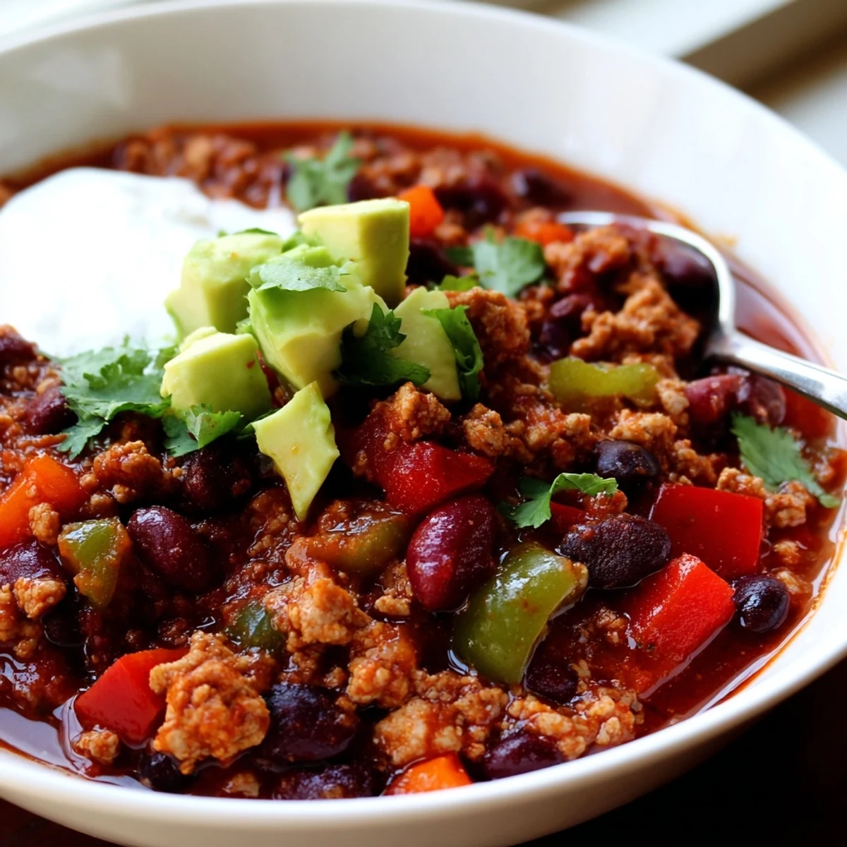 Thick rich diabetic chili recipe served in a rustic bowl with Greek yogurt dollop