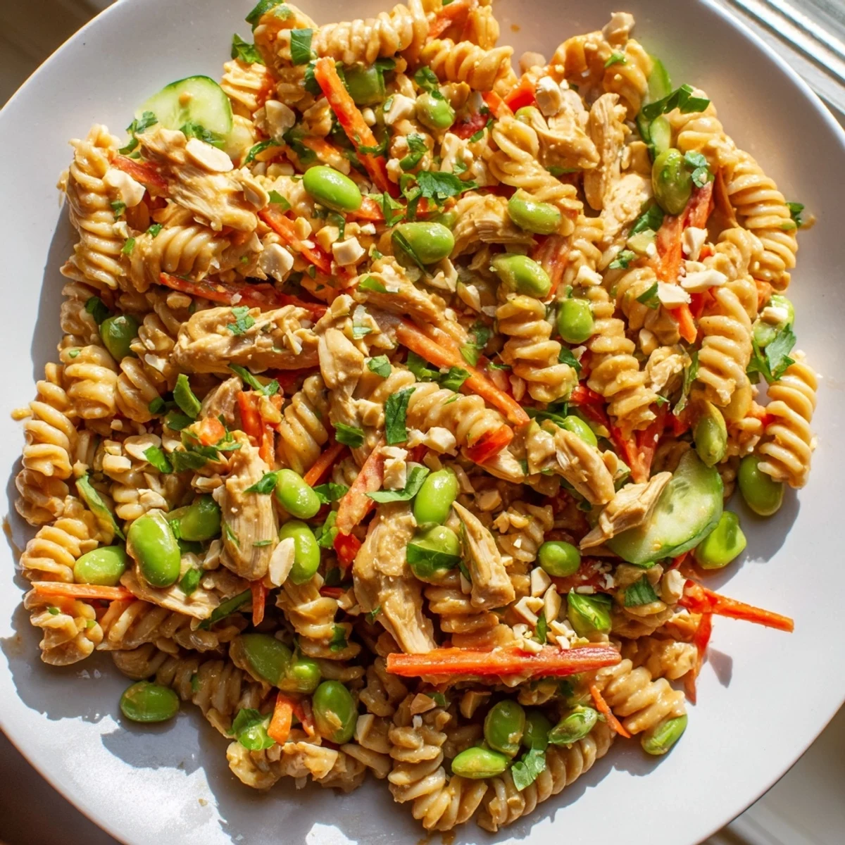 Colorful Protein Packed Thai Pasta Salad tossed in creamy peanut dressing with crisp vegetables