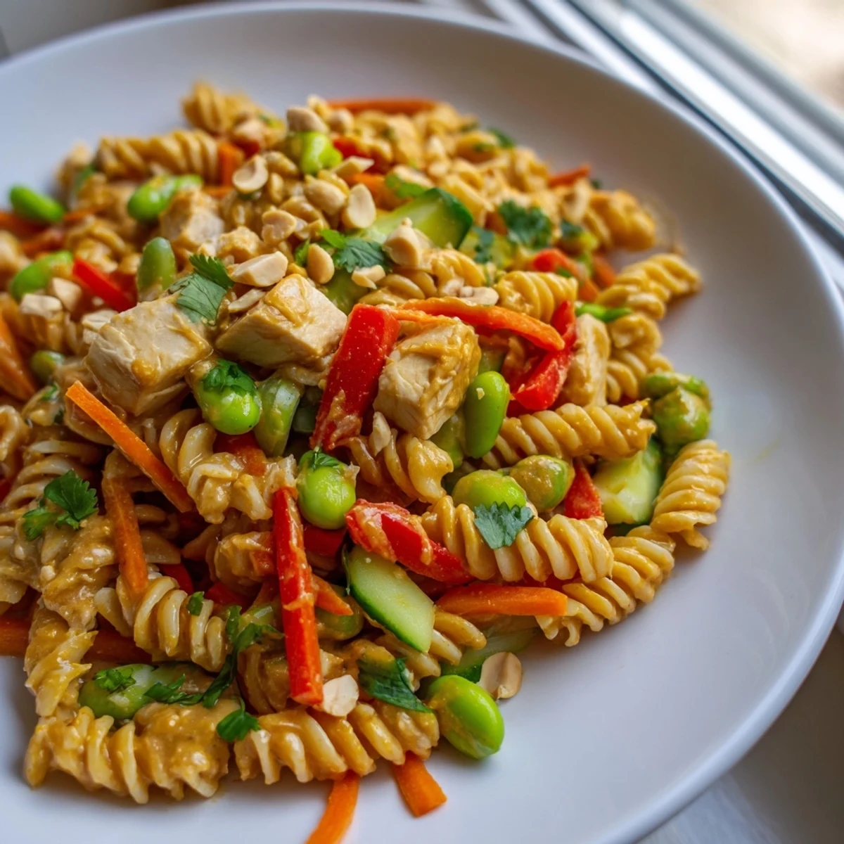 Vibrant Protein Packed Thai Pasta Salad featuring tender chicken, edamame, and fresh shredded carrots