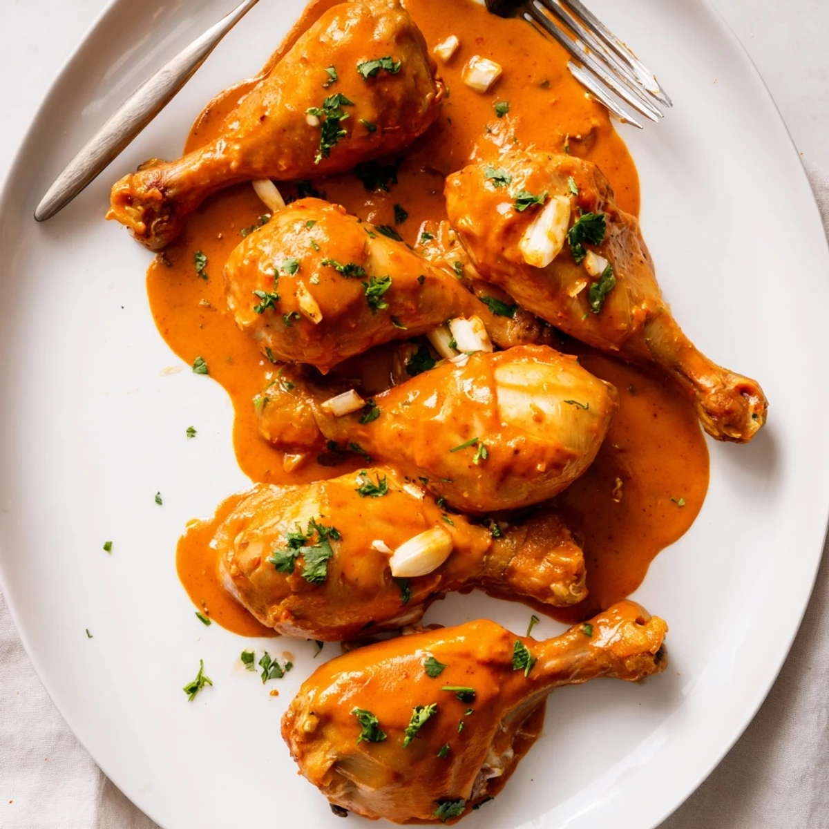 Golden creamy paprika chicken drumsticks glistening in a rich, velvety sauce with fresh parsley