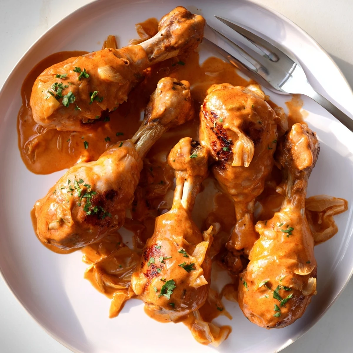 Juicy chicken drumsticks coated in smoky paprika nestled in a bubbling creamy skillet sauce