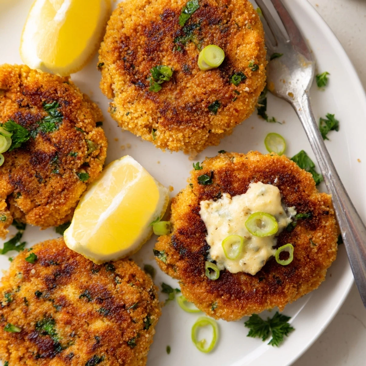 Golden crispy lemon garlic Alaska salmon cakes drizzled with creamy aioli on a rustic plate