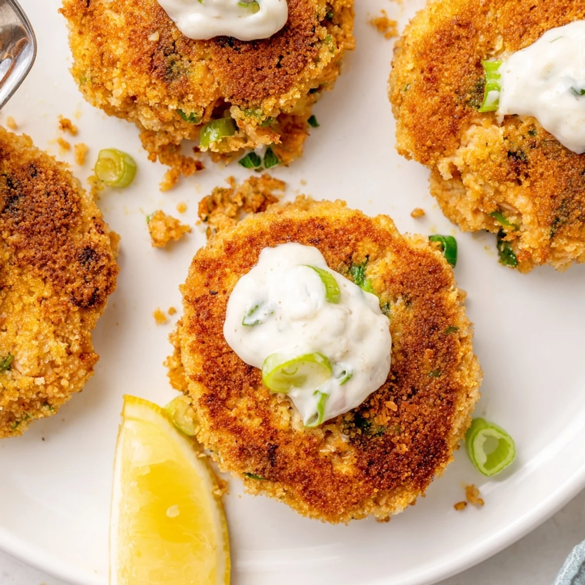 Pan-fried lemon garlic Alaska salmon cakes served with tangy white aioli and fresh parsley