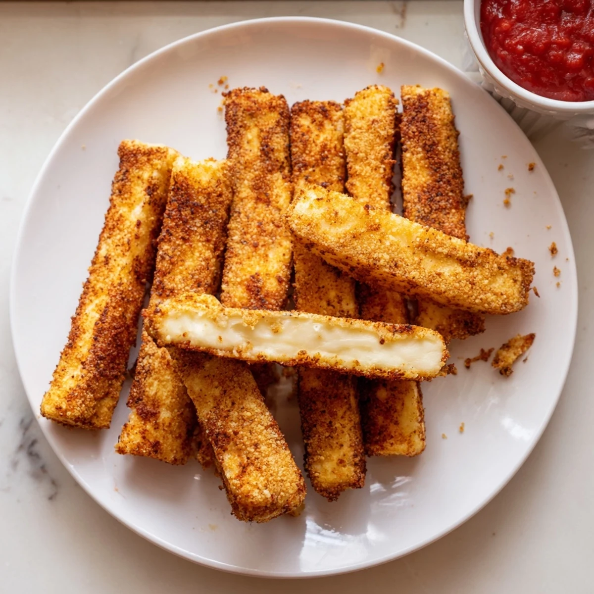 Golden baked cottage cheese fries arranged on parchment with a zesty dipping sauce nearby