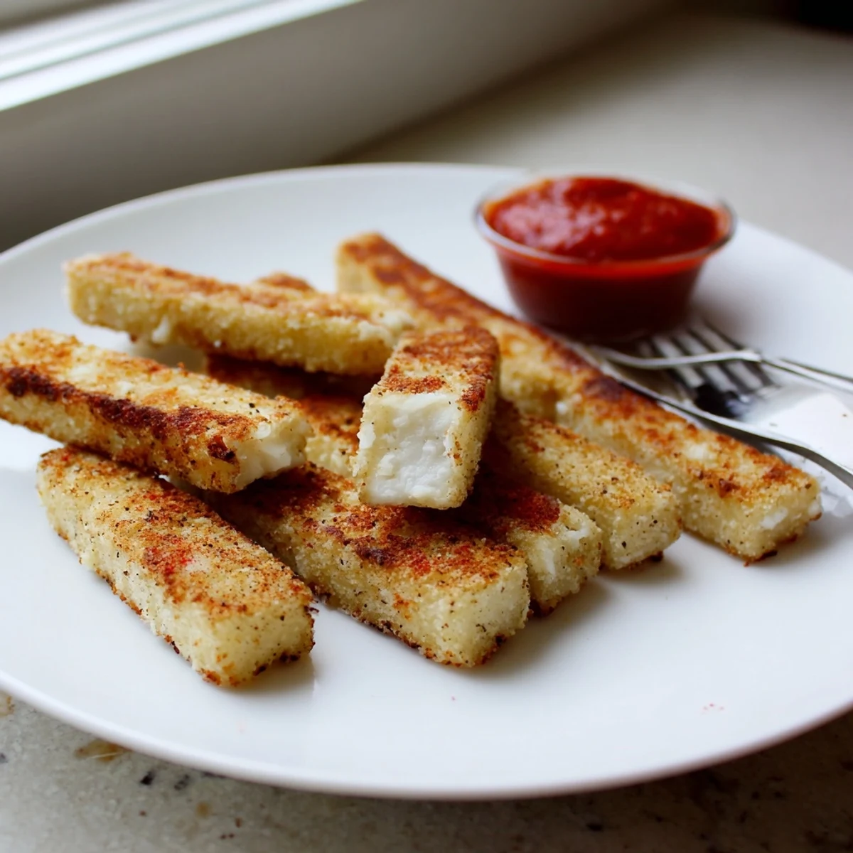 Crispy baked cottage cheese fries stacked in a bowl alongside cool ranch dip