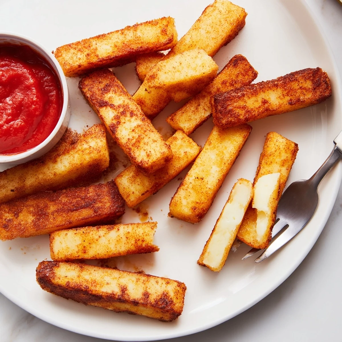 Steaming baked cottage cheese fries fresh from the oven sprinkled with smoky paprika