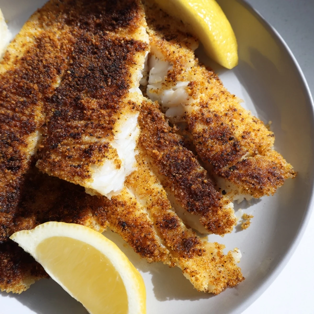 Golden pan fried tilapia fillets with a crispy seasoned crust served on a white plate