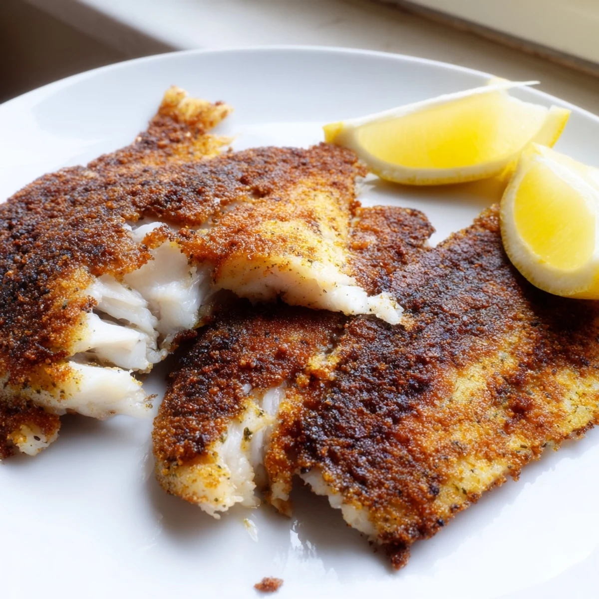 Pan fried tilapia sizzling in a skillet with paprika and fresh lemon wedges