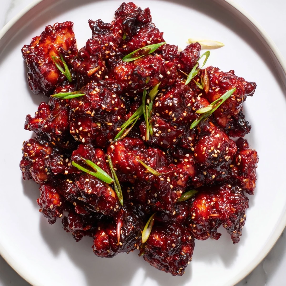 Caramelized gochujang chicken glistening in a skillet with sesame seeds and green onions