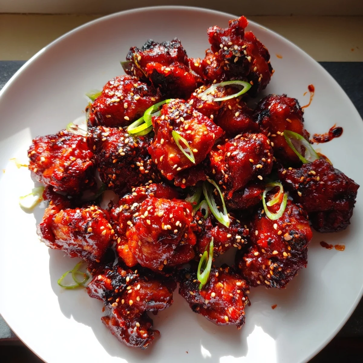 Tender gochujang chicken thighs coated in a glossy, sticky red chili glaze