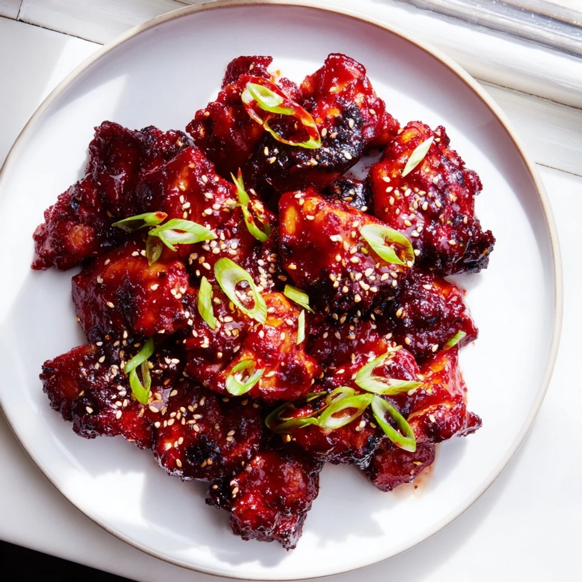 Spicy gochujang chicken served over steamed white rice with fresh scallion garnish