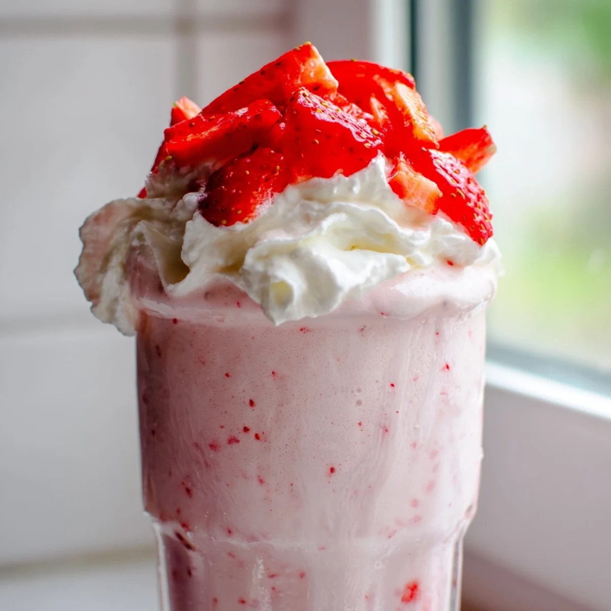 Creamy strawberry milkshake topped with whipped cream in a chilled glass