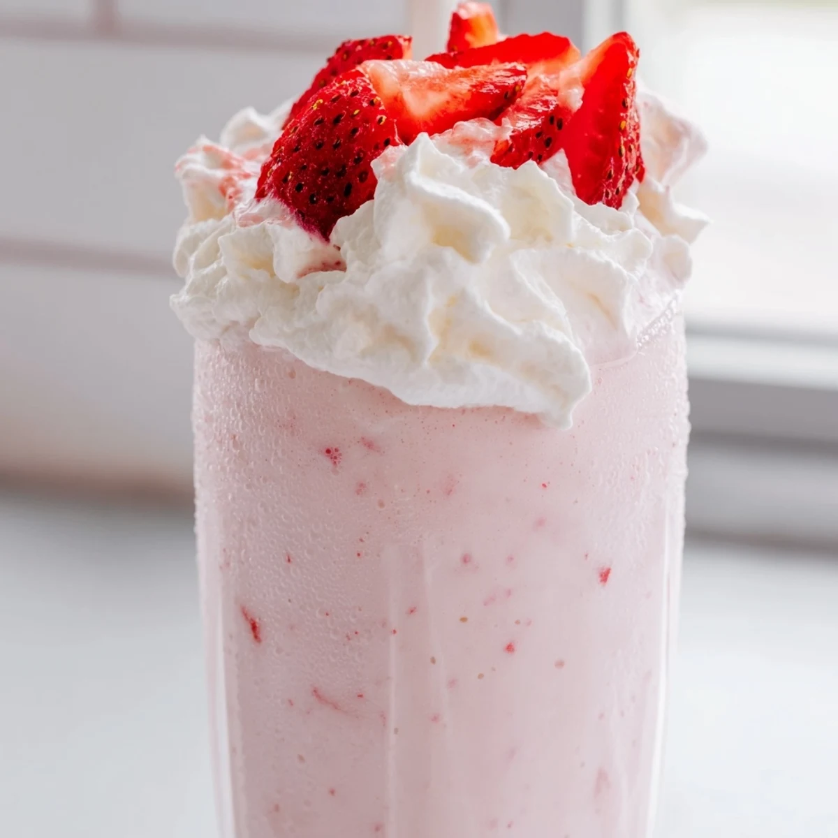 Rich strawberry milkshake served in a tall glass with fluffy whipped topping