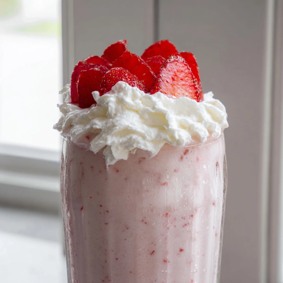 Thick pink strawberry milkshake garnished with fresh berry slices and cream