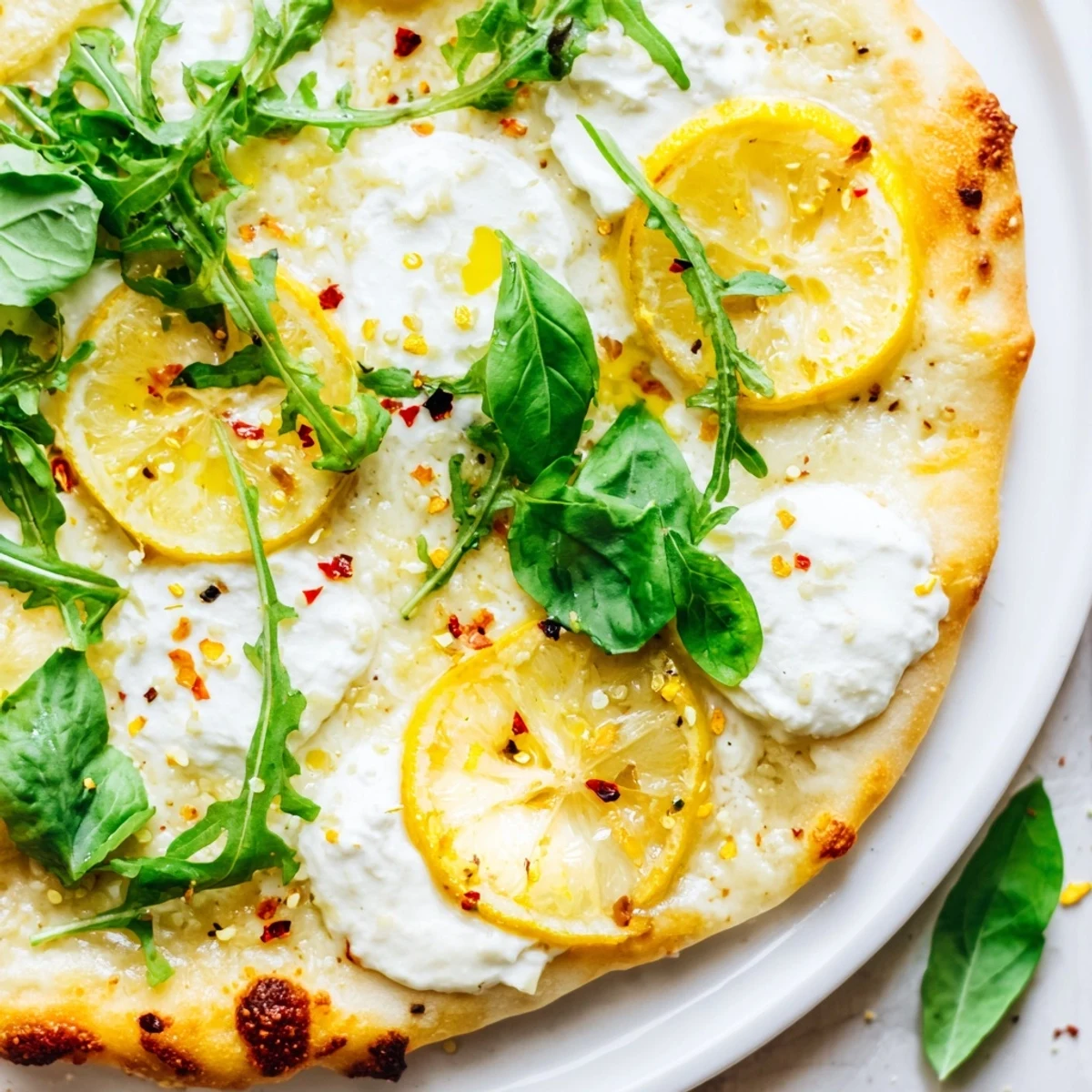 Golden zesty summer lemon pizza topped with fresh arugula and bubbling mozzarella cheese