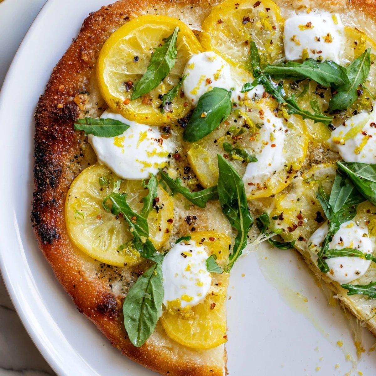 Zesty summer lemon pizza fresh from the oven with fragrant basil and melted parmesan