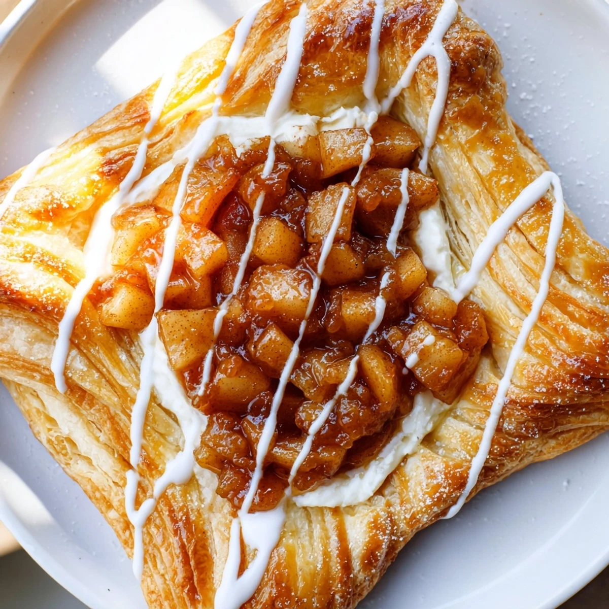 Golden apple cheese danishes with flaky puff pastry and spiced apple topping on parchment paper