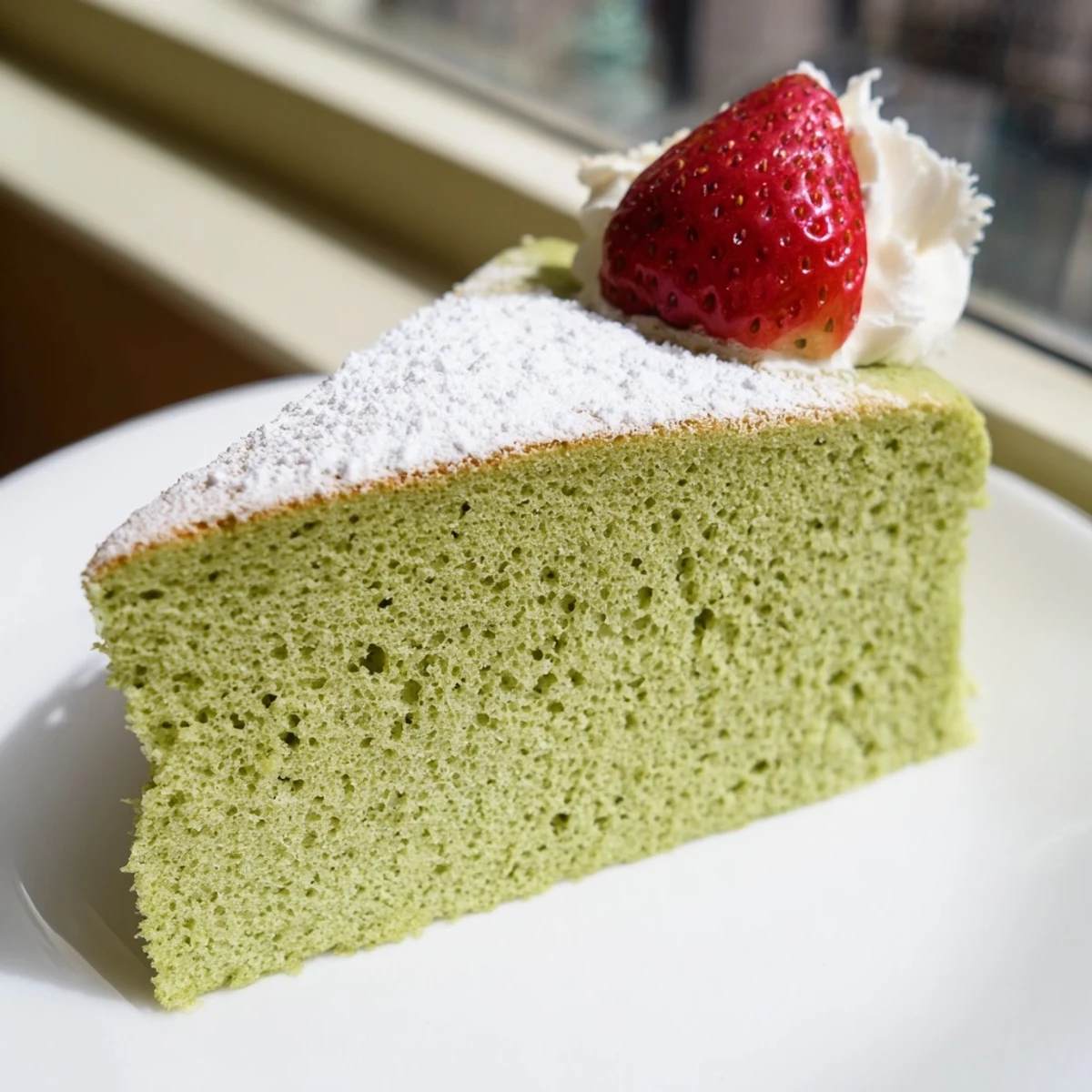 A slice of moist matcha cake topped with powdered sugar and fresh berries on a white plate