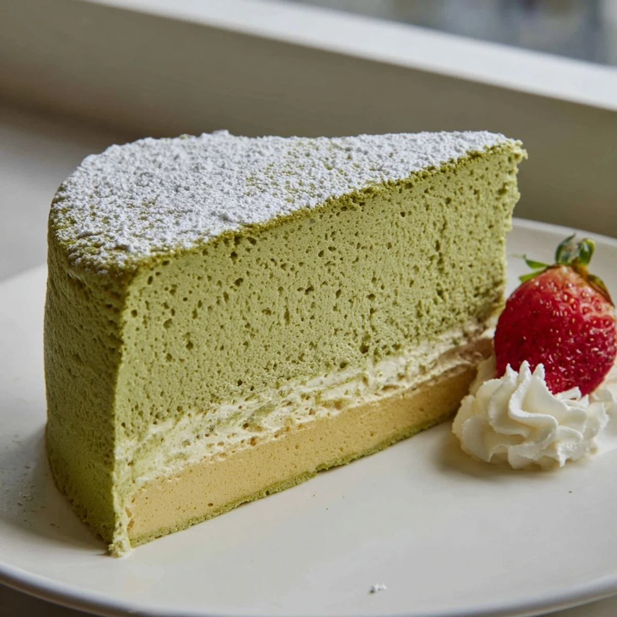 A fluffy matcha sponge cake cooling on a wire rack, dusted with snowy powdered sugar