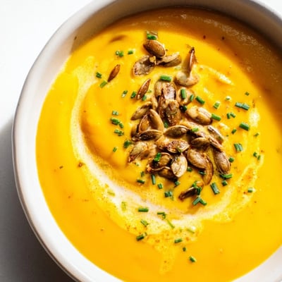 A bowl of velvety Winter Squash Soup with Apple and Ginger, simmering aromatically with a ladle resting beside it.
