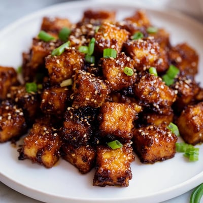 Four golden-brown Crispy Air Fryer Tofu with Soy Glaze pieces glisten under bright kitchen lighting, ready to be eaten with chopsticks.