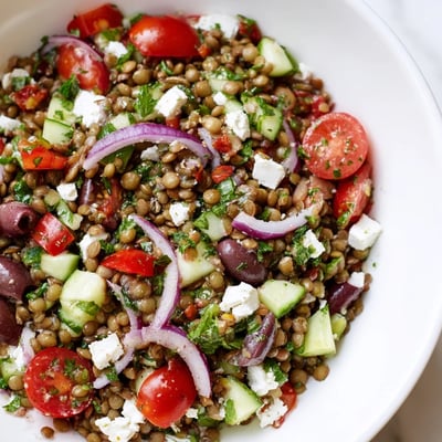 A protein-packed Mediterranean Lentil Salad tossed with Kalamata olives, roasted red peppers, and fresh parsley. 