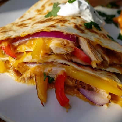 Close-up of Chicken Quesadillas with Peppers, displaying crispy tortilla edges and a side of salsa and sour cream.