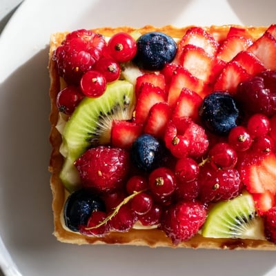 Fresh strawberries, raspberries, and blueberries form a romantic Love Letter Fruit Tart for a charming dessert.  
