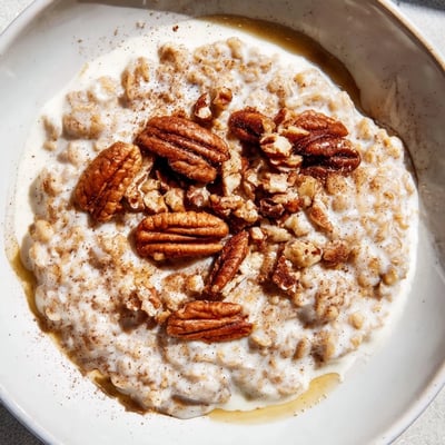 Steaming Irish Oatmeal with Whiskey-Free Cream garnished with toasted pecans and dried currants, ready for a cozy breakfast.
