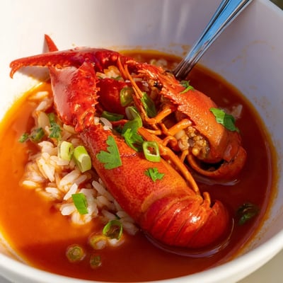 Cajun-style Crawfish Étouffée with Fluffy Rice served in a rustic bowl, garnished with fresh green onions and parsley.