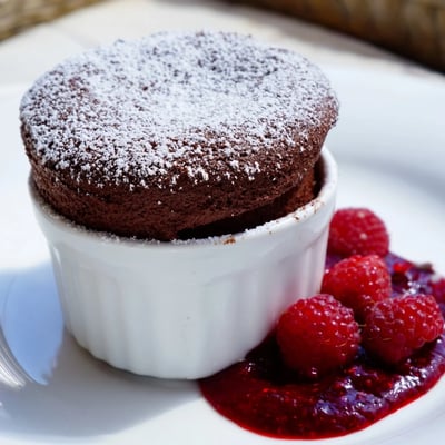 An airy chocolate soufflé topped with vibrant raspberry sauce, resting on a rustic wooden table for a cozy dessert.  