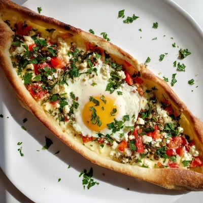The Turkish Pide with Egg, Tomato, and Cheese reveals a perfectly baked egg with a slightly runny yolk inside.