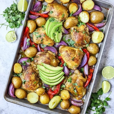 Serving suggestion for the Chicken Avocado and Crunchy Potato Tray Bake plated with a lime wedge and a drizzle of olive oil over tender chicken.