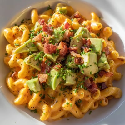 A close-up view of rich avocado and bacon mac and cheese, showcasing its velvety texture and golden melted cheese sauce.
