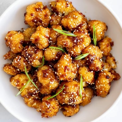 Glossy sticky honey garlic cauliflower served warm over a bed of fluffy white rice for a complete dinner.