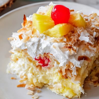 Cool Hawaiian Poke Cake topped with fluffy whipped cream, toasted coconut flakes, and sweet pineapple.