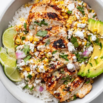 Colorful Street Corn Chicken Rice Bowl with avocado, red onion, cilantro, and cotija cheese in a vibrant serving bowl.