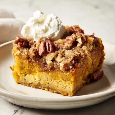 Creamy spiced pumpkin dump cake slice topped with whipped cream on a rustic plate