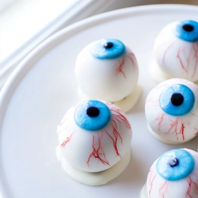Creepy Halloween Cake Eyeballs coated in white chocolate with spooky veining details
